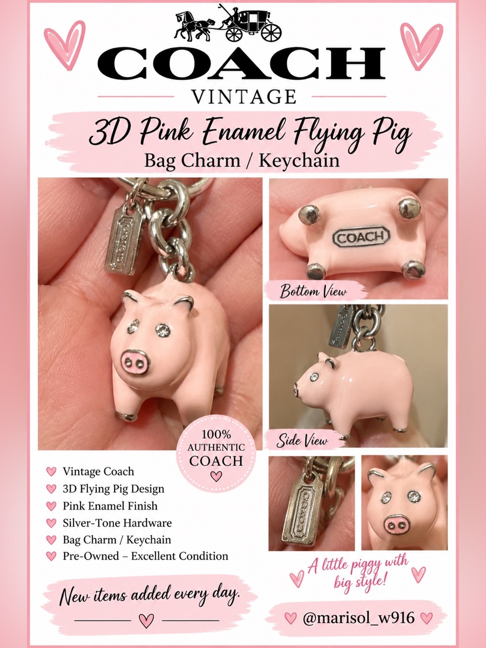 Coach Pink Enamel 3D Pig Bag Charm Keychain